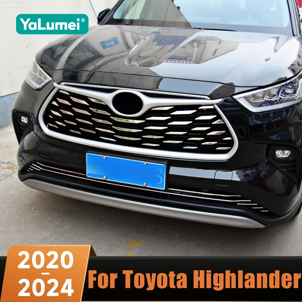 Car Front Middle Grill Mesh Sequins Decoration Cover Trims Accessorie For Toyota Highlander XU70 2020 2021 2022 2023 2024 Hybrid