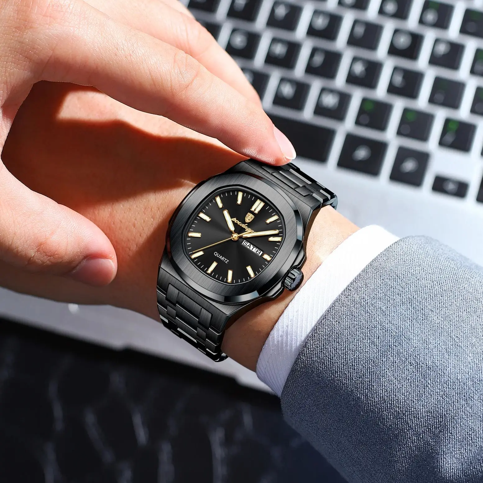 Zegarek męski POEDAGAR Square Luxury, świecący, wodoodporny, ze stali nierdzewnej, z datownikiem i dniem tygodnia, oryginalny zegarek kwarcowy dla mężczyzn.