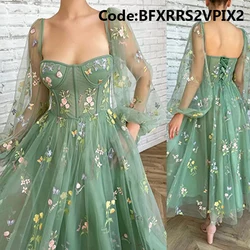 Flower Women Prom Party Dress Long Sleeve Evening Dresses Gown Green Sweet Square Collar Lace Robe De Soiree