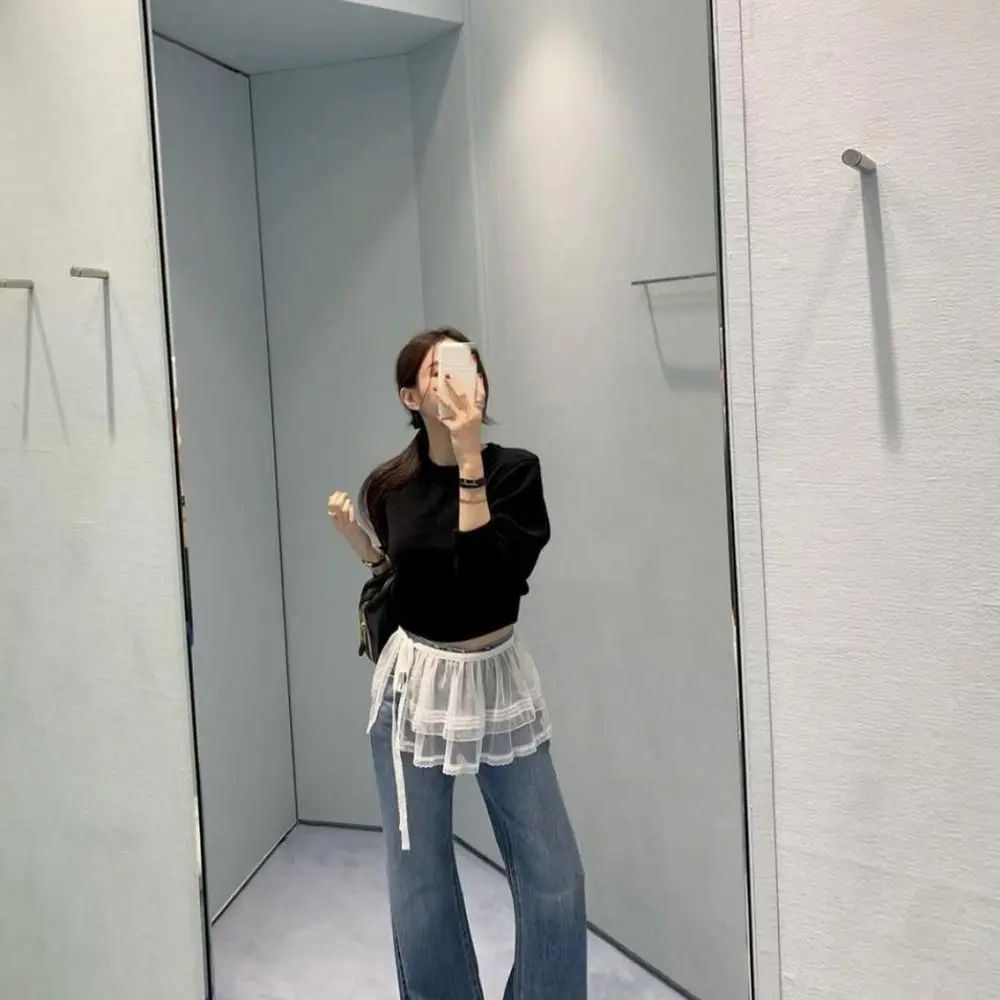 Rok Mini Renda Balletcore Fashion Rok Ruffle Pendek Y2k Gadis Tirai Bokong Bunga Pinggang Tinggi