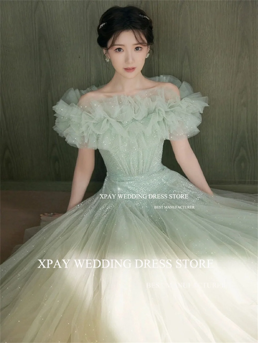 XPAY Off The Shoulder A Line Korea Evening Dresses Green Sparkly Ruffles Formal Prom Gown Photo Shoot Fairy Wedding Party Dress