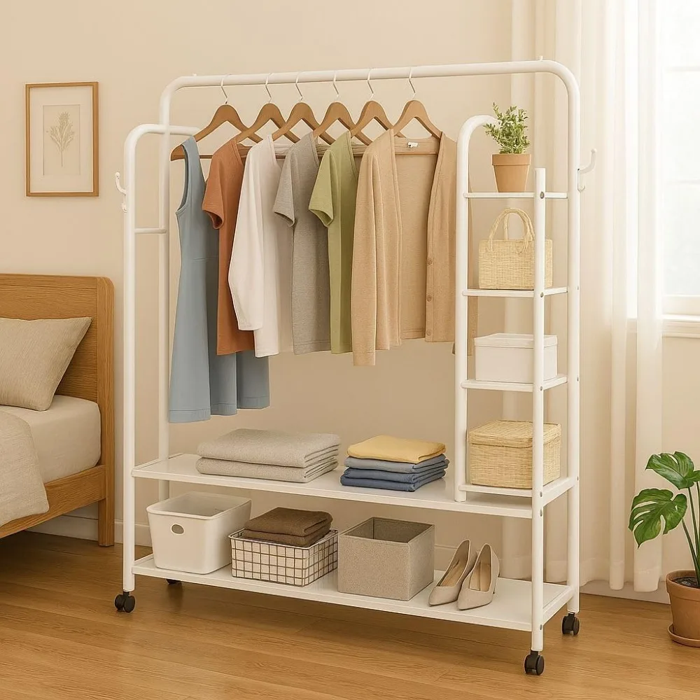 

Garment Rack with Shoe Rack with Wheels, Heavy Duty Rolling Clothes Rack for Hanging Clothes, Portable Closet Organizer and Stor