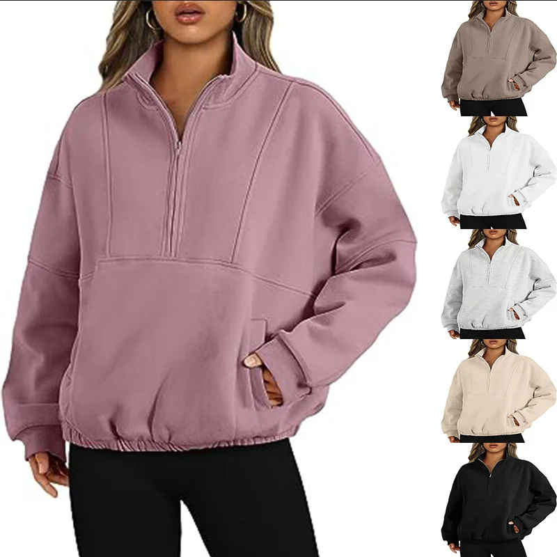 

Autumn And Winter New Style Fashion Minimalist Casual Versatile Sports Sweatshirt With Zipper Pockets Stand Collar Womens Top