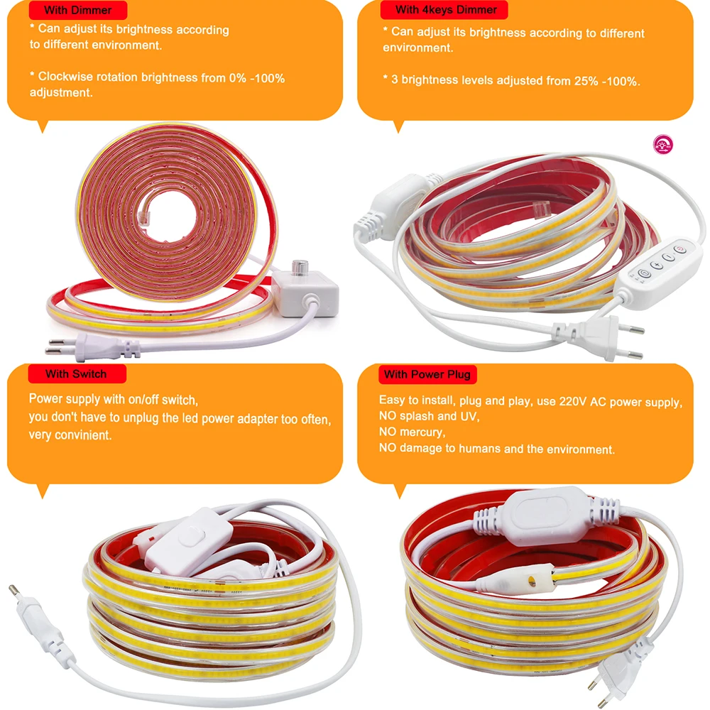 4key Dimmer Switch COB Led Strip Light 220V Power Kit 3000K 4000K 6000K 288 LEDs Flex Clear Tube Lamp 1m 5m 10m 20m 30m 40m 0.5m