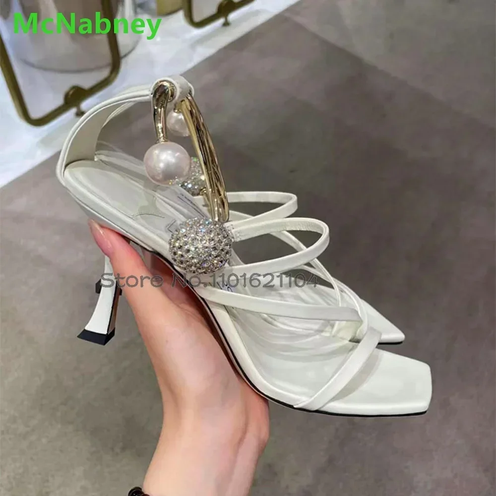 

White Thin High Heel Sandals Pearl Rhinestone Ball Metal Strap Square Toe Elegant Sexy Fashion Luxury Shoes For Female Women