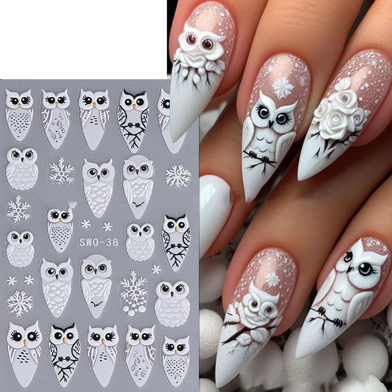 5d Reliëf Kerst Uil Nagel Sticker Stickers Zelfklevende Sliders Winter Manicure Decoratie