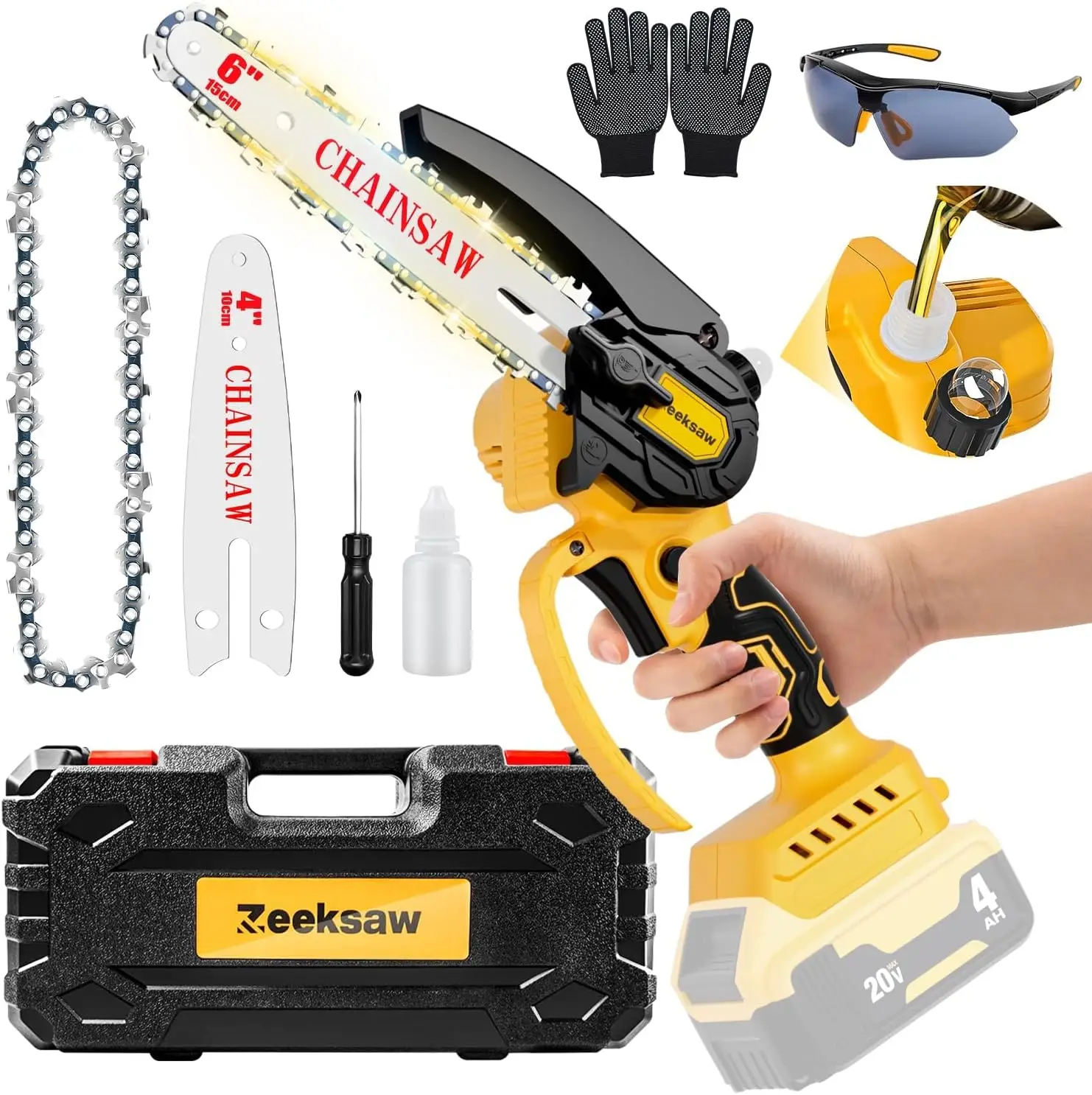 

Mini Cordless Electric Chainsaw, Auto Oiler 20V Battery Operated, Handheld for Wood Cutting and Tree Trimming