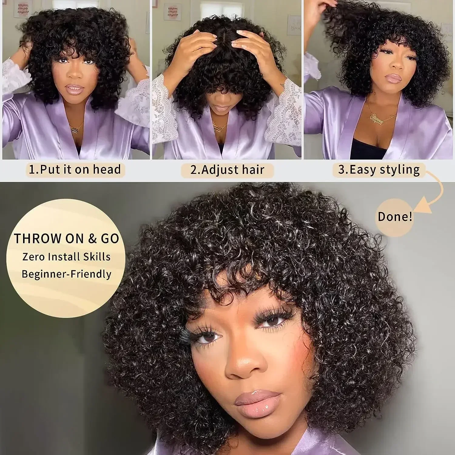 Fake Scalp Curly Wig With Bangs 180% Density Glueless Kinky Curly Brazilian Virgin Human Hair Lace Wigs with Bangs Natural Black