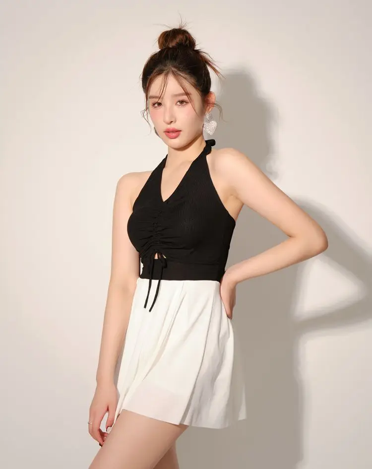 2023 Korea Style One Piece Swimsuit With Skirt Women Solid Swimwear Monokini Push Up Swim Suit Black Trikini Pad Bathing Suit