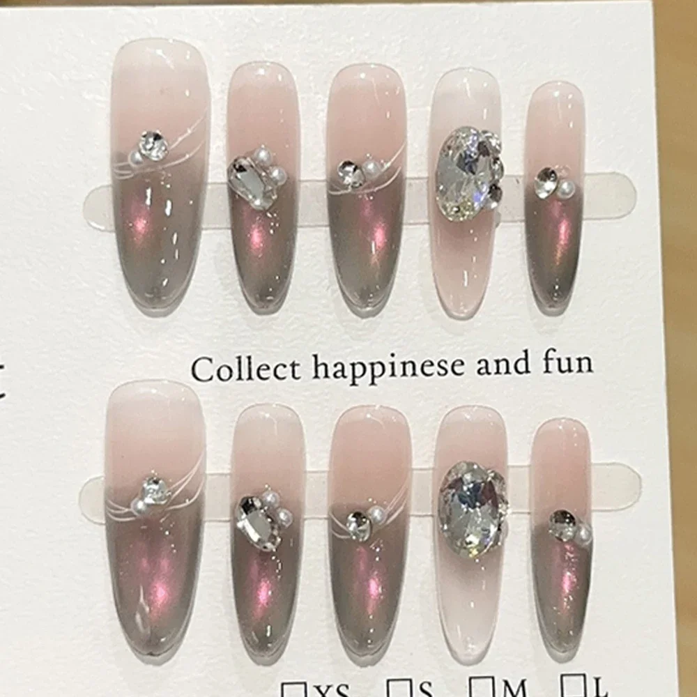 달콤하고 사랑스러운 만화 곰 롱 코핀 스틸레토 가짜 손톱 리본 진주 다이아몬드 꽃 고양이 눈 착용 가능한 가짜 손톱