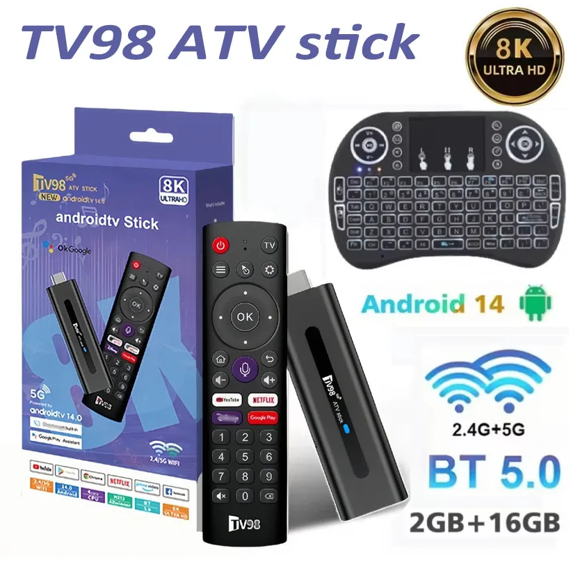 TV98 ATV Smart TV Stick 8K Android 14 H618 2.4G 5G Wifi Support OTA Media Player TV Receiver BT5.0 2GB 16GB Voice Remote TV Box