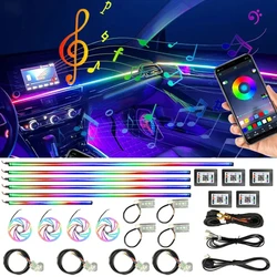 듀얼 존 심포니 LED 자동차 주변 조명, RGB 64 색 인테리어 레인보우 아크릴 스트립 네온 분위기 조명 키트 앱, 18 인 1