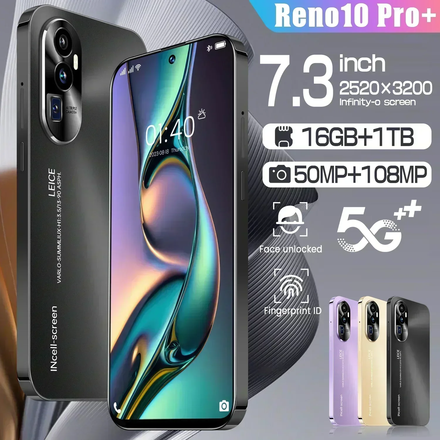 Global Version Reno 10 Pro+ 5G Smartphone 7.3HD HD Screen 16G+1TB Smartphone 7800Mah Android14 Dual SIM Face Unlock Phone