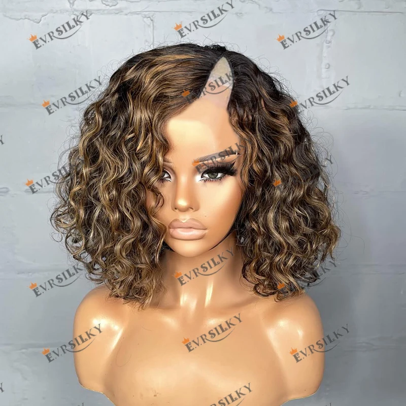 Side Part Opening 1x4 Middle V Part 100% Remy Human Hair Wigs for Black Women Short Bob Highlight Brown Glueless U Part Wigs