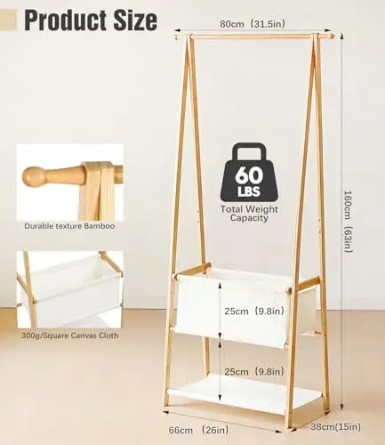 

Tall Foldable Bamboo Clothing Rack With Two Canvas Bins And Shelf, 60 Lbs Capacity, For Bedroom Or Entryway Organization