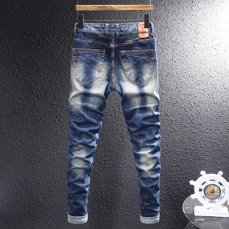 Italian Style Fashion Men Jeans Retro Washed Blue Stretch Slim Fit Ripped Jeans Men High Quality Vintage Designer Denim Pants