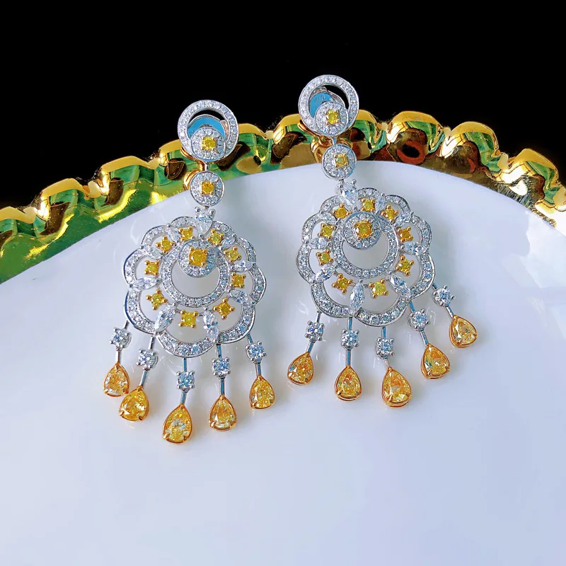 New Luxury S925 Sterling Silver Stud Earrings Adorned with Full Yellow Diamonds Elegant Premium Stud Earrings for Modern Women