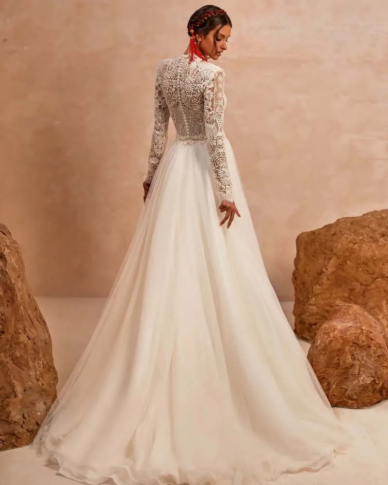 Sumnus Bohemian Wedding Dress Lace Appliques แขนยาว O-Neck ชุดเจ้าสาว Elegant A-Line ชุดแต่งงาน Custom Made