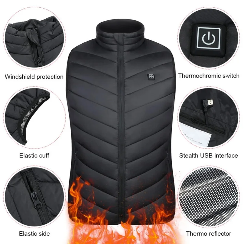 15 Areas Heated Vest Men Outdoor Hiking Heated Jacket USB Heating Vest Winter Thermal Waistcoat For Hunting Warm Heating Coat