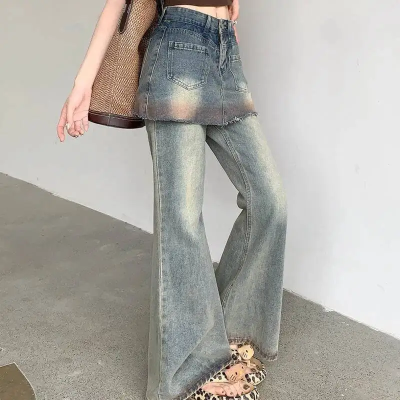 ANJY automne nouvelle femme Chic jean évasé faux deux pièces poches bavure américain rétro en détresse Ins élégant Y2K pantalons décontractés A8708