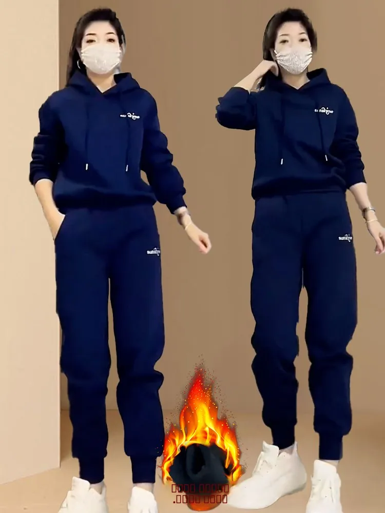 

Женский зимний спортивный костюм Thiened Fce, повседневные брюки с капюшоном, комплект из двух предметов, теплый, удобный, дышащий, модный