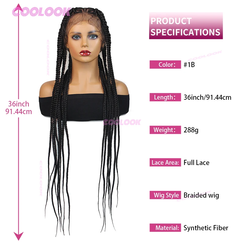 Peluca trenzada Cornrow en forma de corazón, trenzas sintéticas de caja de encaje completo de 36 pulgadas para mujeres