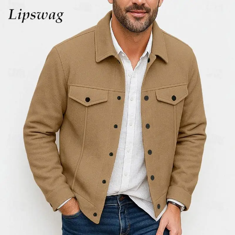 

Stylish Men's Woolen Coats Fall Fashionable Solid Color Long Sleeve Jacket Coat Men Vintage Buttoned Lapel Pockets Cargo Jackets