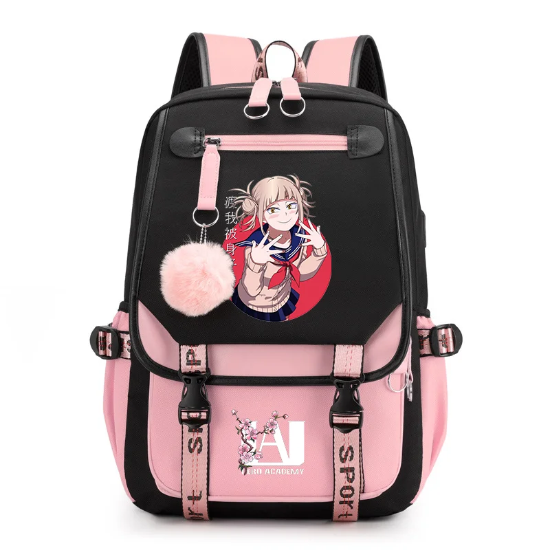 Anime novo himiko toga padrão mochila adolescente moda rua legal usb mochila grande capacidade casual zíper mochilas