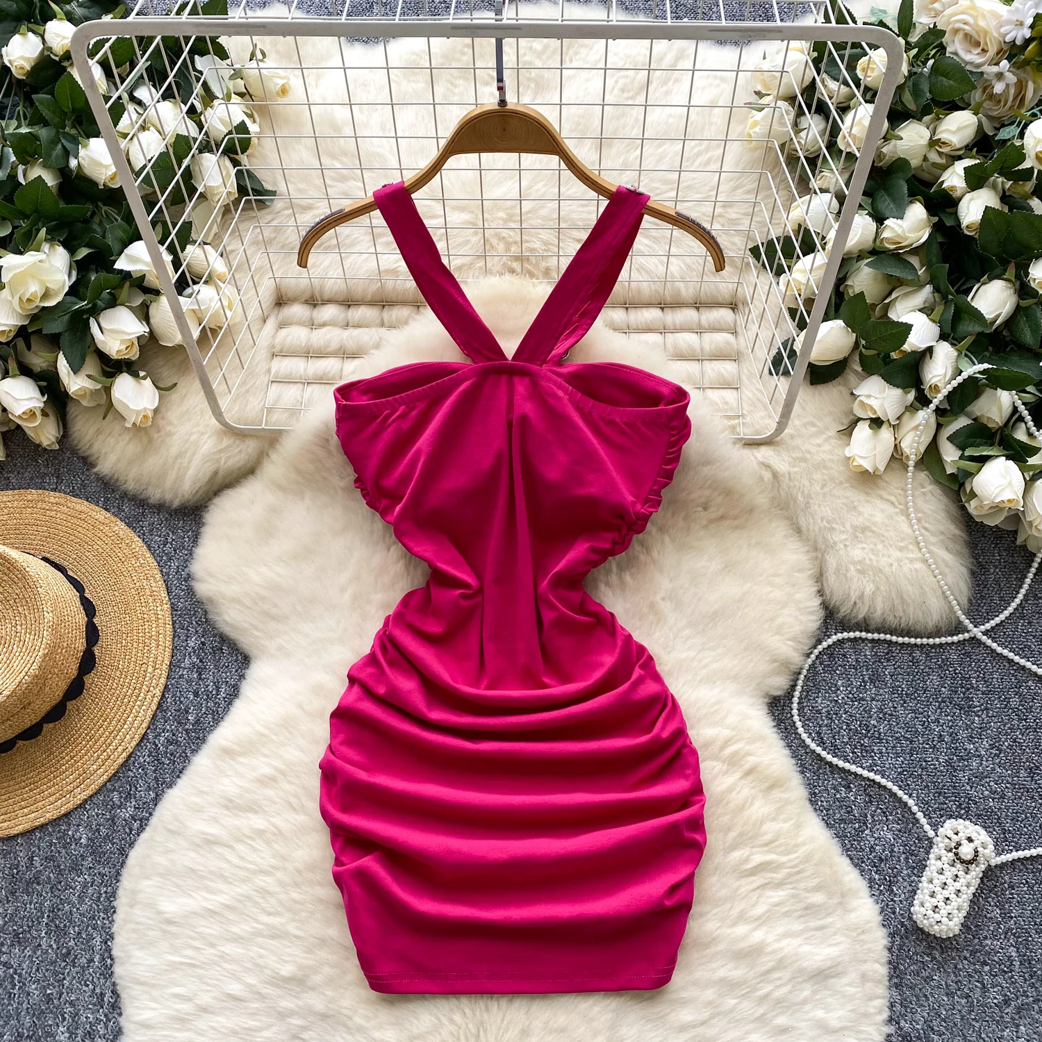 Chic vintage Impiombato aderente senza maniche Elegante fata moda coreana Boho Vestito estivo da donna mini abito