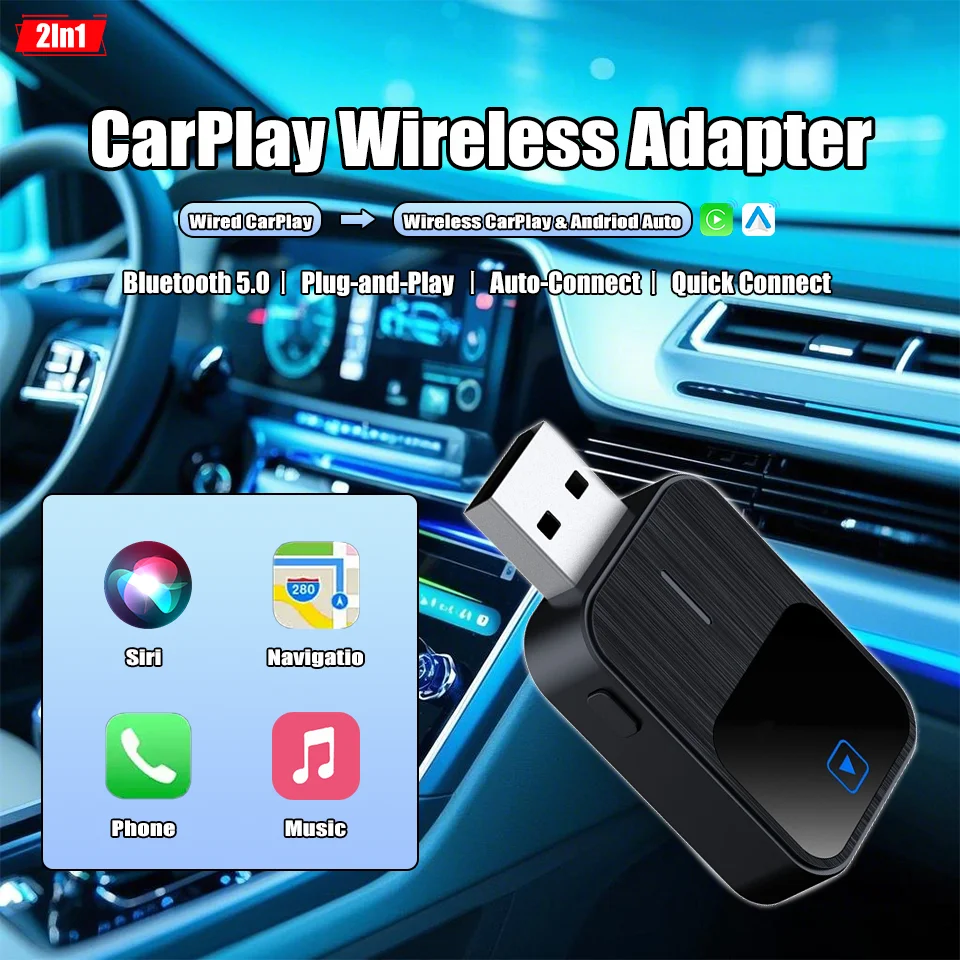 

2025 New Mini Wireless CarPlay & Android Auto 2in1 Dongle for Factory Wired Cars Auto-Reconnect Seamless Bluetooth Sync No Lag