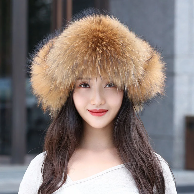 New 100% Real Fox Fur Hats Women\'s Russian Ushanka Aviator Trapper Snow Skiing Hat Caps Earflap Winter Raccoon Fur Bomber Hat
