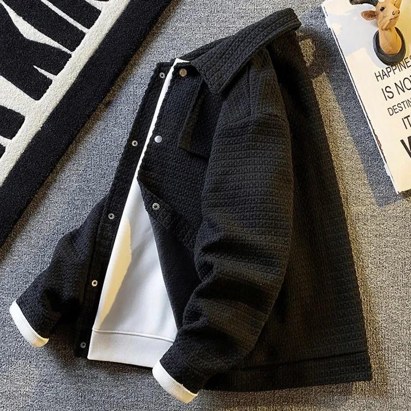 Men's Vintage Textured Knit Jacket Casual Lapel Button Up Solid Coat Spring Autumn Stylish Outerwear Black Workwear Style Top