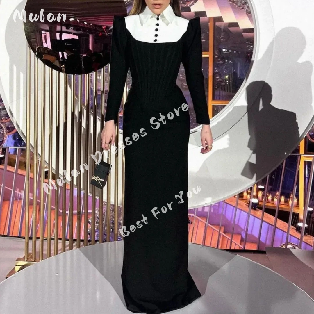Customized Button Polo Collar Long Sleeves Prom Dresses White Black Party Gown Floor-length Formal Evening Gown Vestidos De Gala