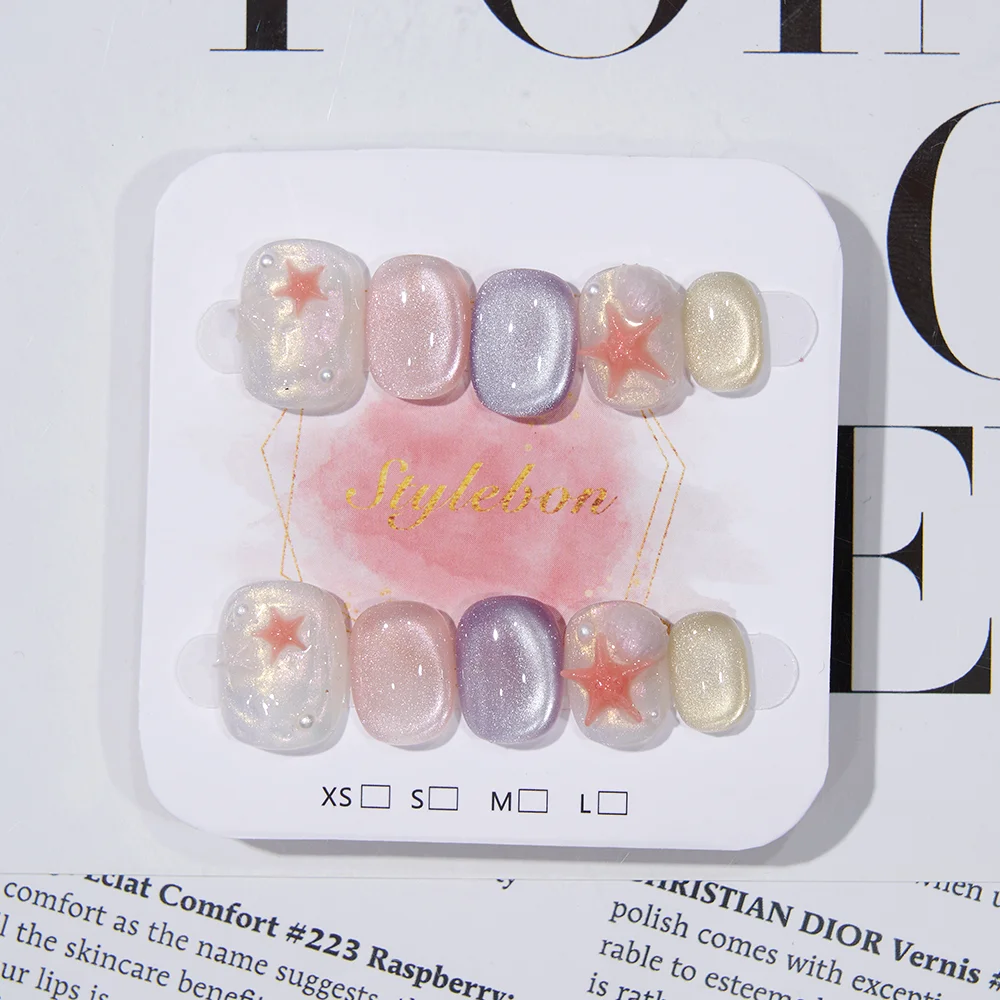 

10pcs Handmade Press on Nails Summer 3D Shell Starfish Colorful Cat's Eye Macaron False Nail for Women&Girl Wearable Nail Art