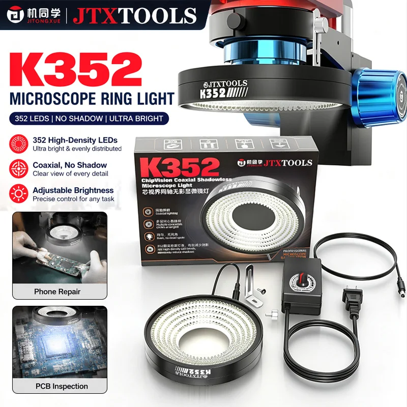 JTX K352 Coaxial Shadowless Microscope Ring Light For Phone CPU PCB Chip Precise Surface Trace Inspection Repair Lamp