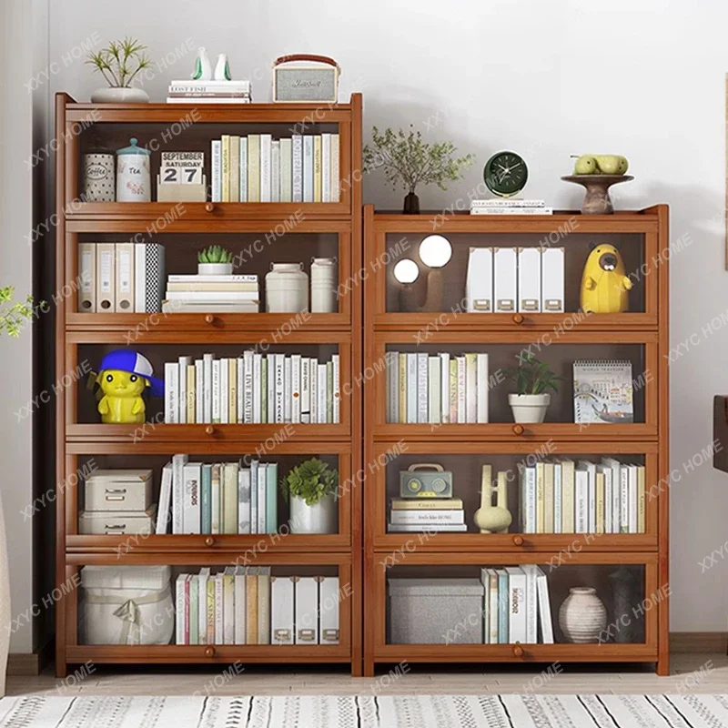 Modern Bamboo Bookcases Simple Retro Bookshelf with Door Japanese Home Furniture Office Desk Organizer Multi-layer Storage Shelf