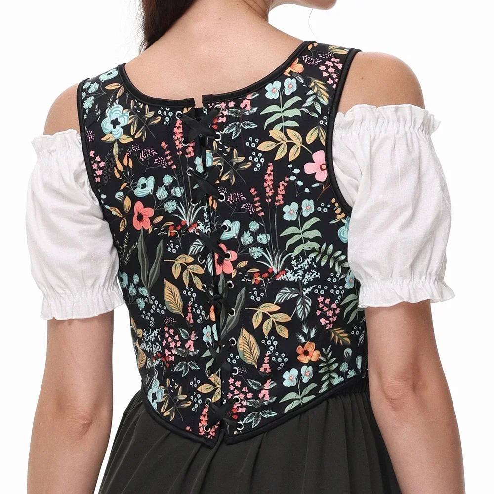 섹시한 여성 코르셋 스트랩 꽃 프린트 레이스 업 지퍼 Bustier 빈티지 고딕 빅토리아 허리 Cincher 우아한 중세 코르셋
