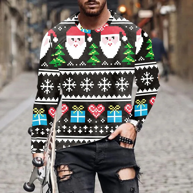 

Christmas Fall New Amazon Men's Loose Casual Comfortable Large Size Long Sleeve Round Neck Pullover Printed Hot Men's Large Size