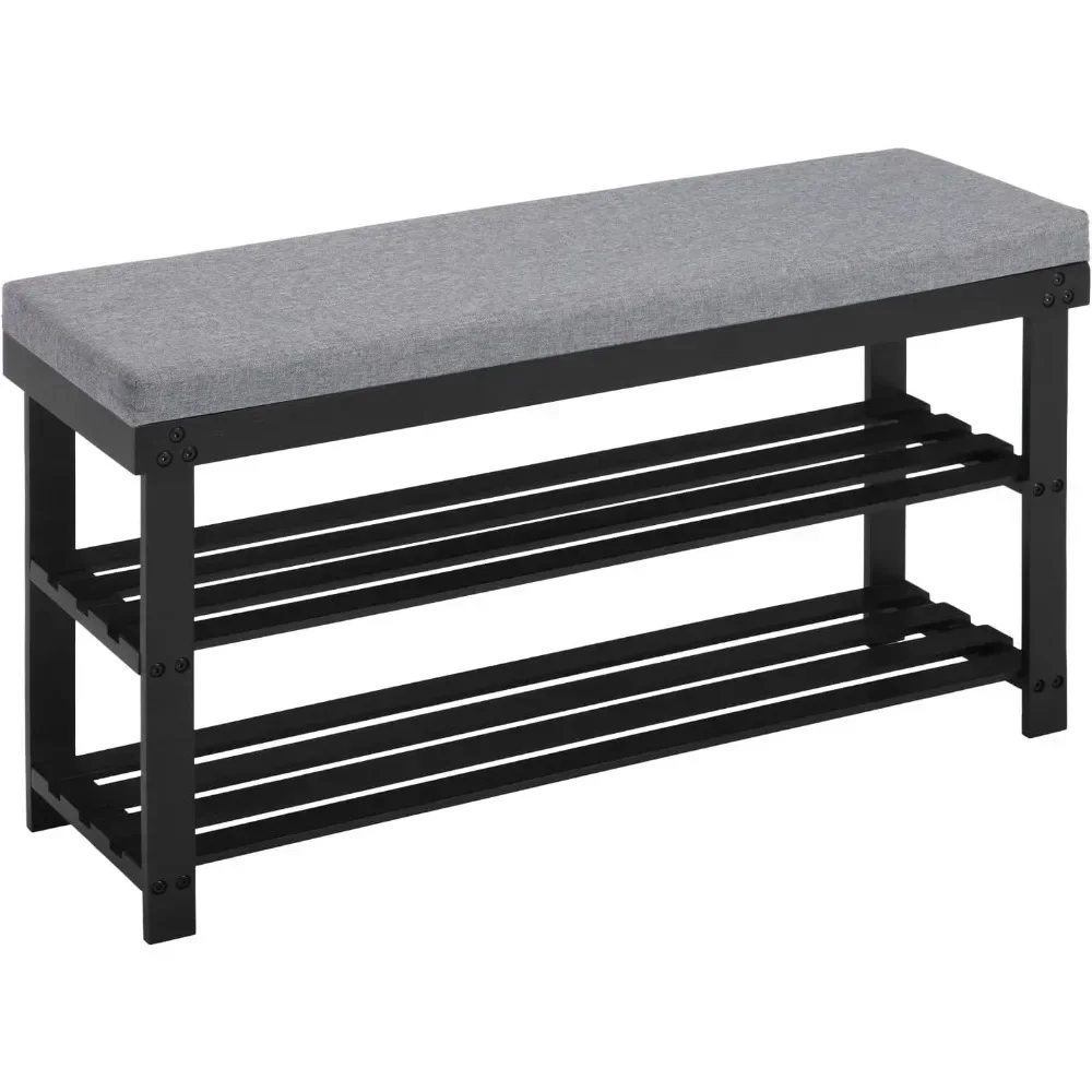

v Bamboo Shoe Rack for Entryway, 3-Tier Shoe Rack Bench for Front Door Entrance, Small Shoe Organizer with Storage, Black