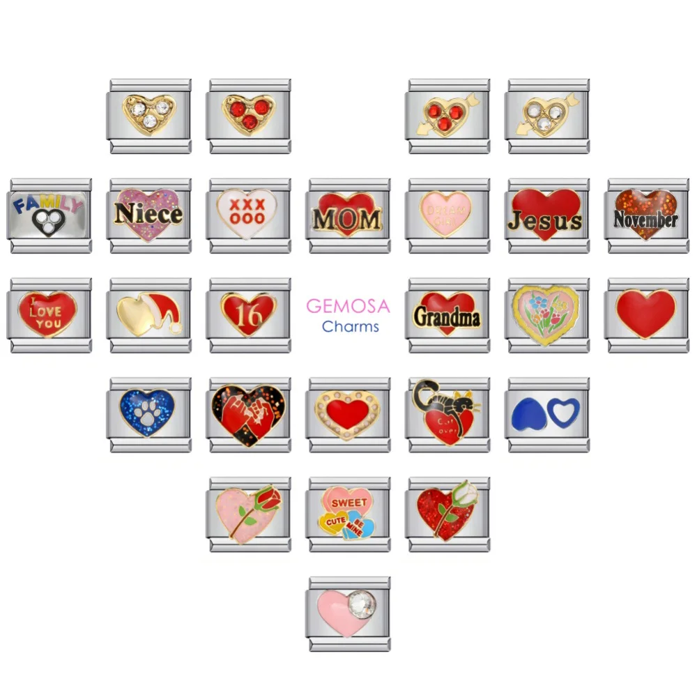GEMOSA-Romântico Colorido Amor Coração Charm Links, Pulseira de Aço Inoxidável, DIY Fazer Jóias, Carta Italiana, Se Fits 9 milímetros Pulseira