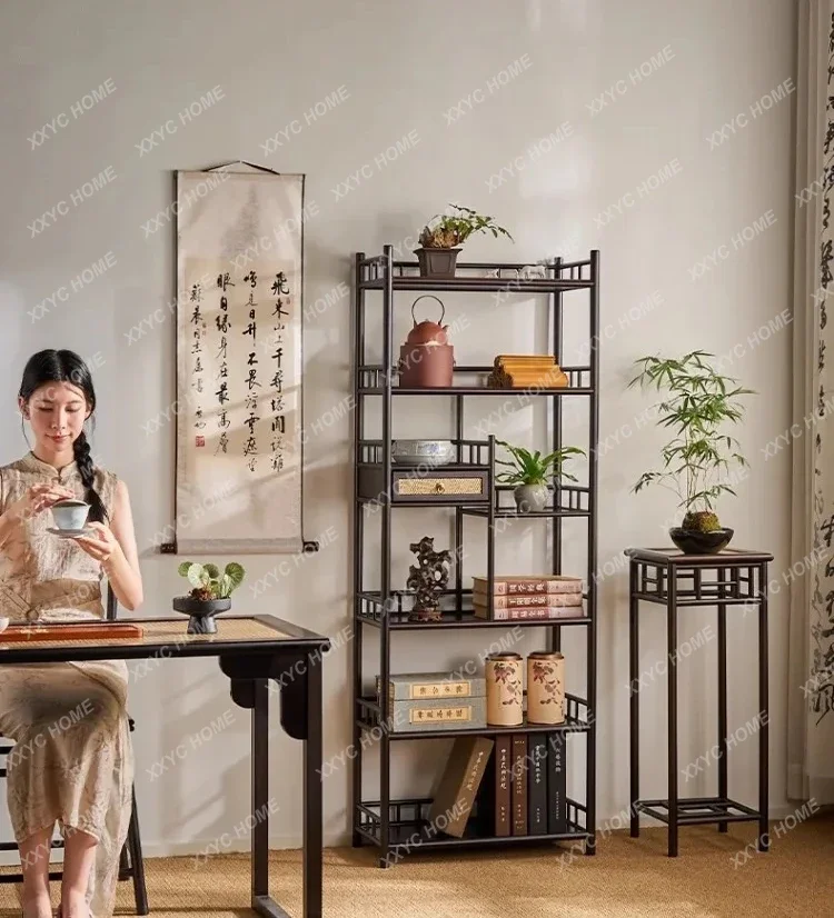 Solid wood Chinese tea display cabinet shelf, tea set ornament, living room floor integrated shelf