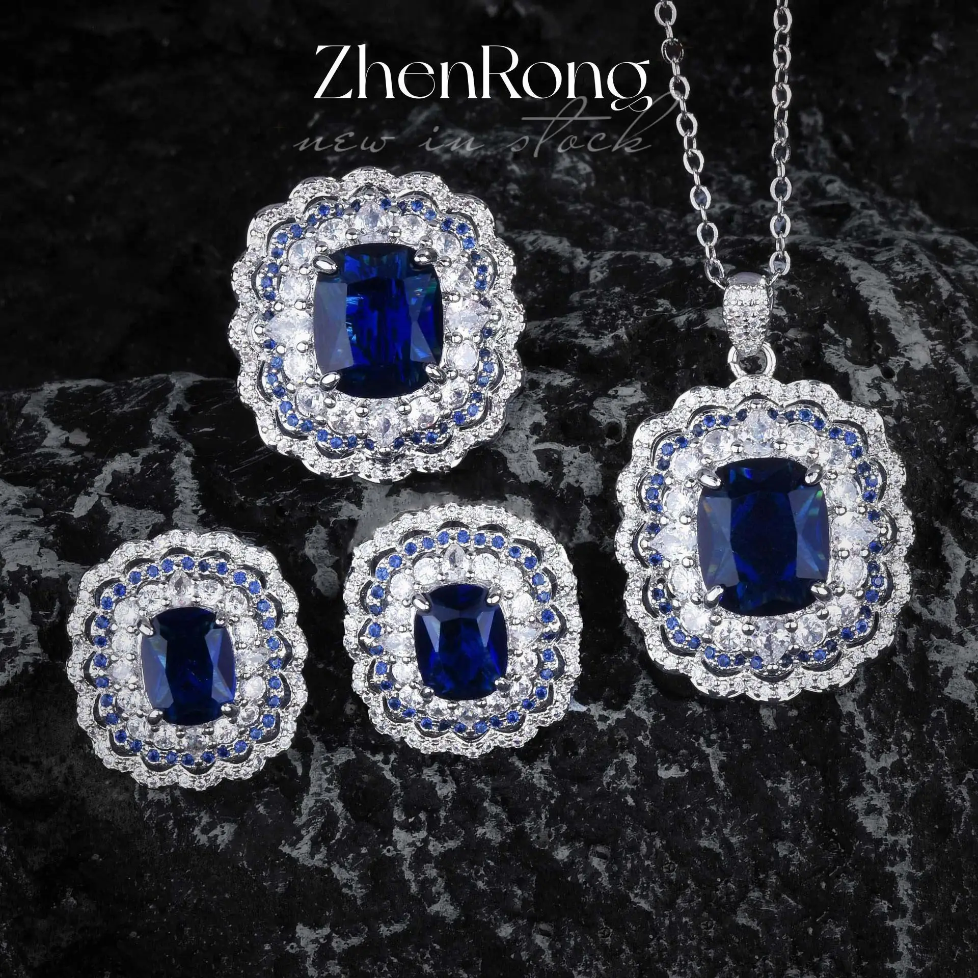 S925 sterling silver stud earrings, necklace set, colorful treasure pendant, open ring, micro-set stud earrings, women