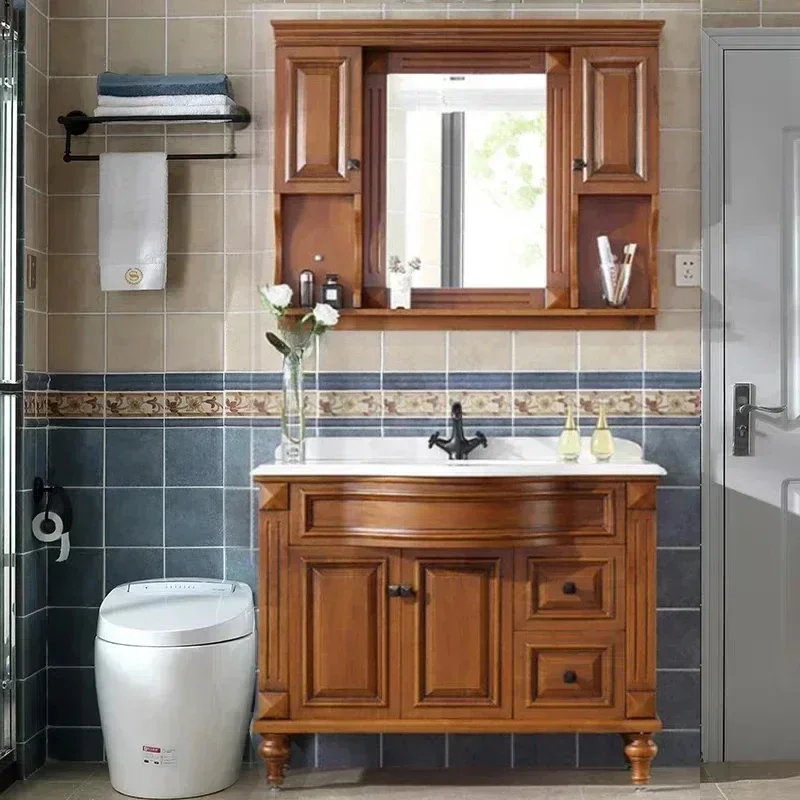 American oak bathroom cabinet, smart mirror cabinet, curved solid wood floor-to-ceiling marble sinkHY
