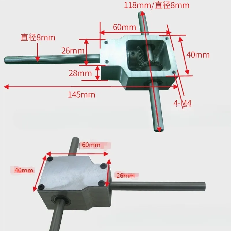 90 Degree Commutator Spiral Bevel Gearbox Small Reduction Ratio 1:1 Double Output Shaft 8 Axis 10 Gear Reducer