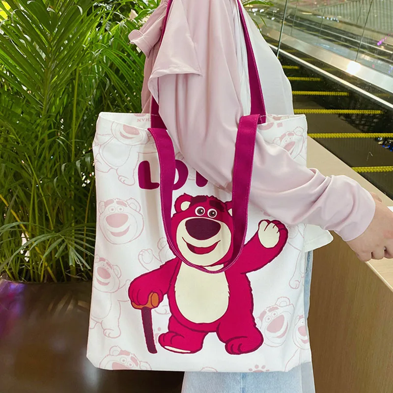 Disney lotso cartoon carrying canvas bag Cute strawberry bear emoji bill shoulder bag,