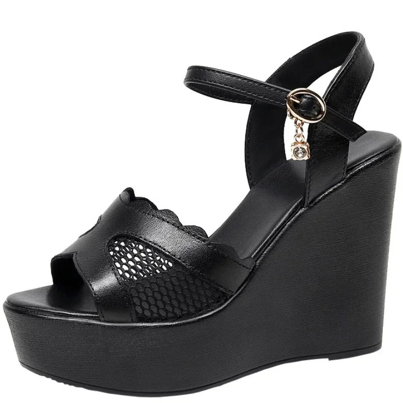 New Summer Cowhide Mesh Sandals Women Sandal Shoes Platform Wedges Increase Sandals High Heels 6 / 8 / 11 Cm Big Small Size