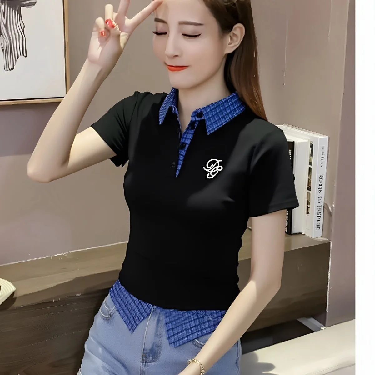 Preppy Collared T-Shirts for Women Splicing Design Short Sleeve Plaid Tees Slim Fit Casual Summer Fake Two Piece Basic Shirts