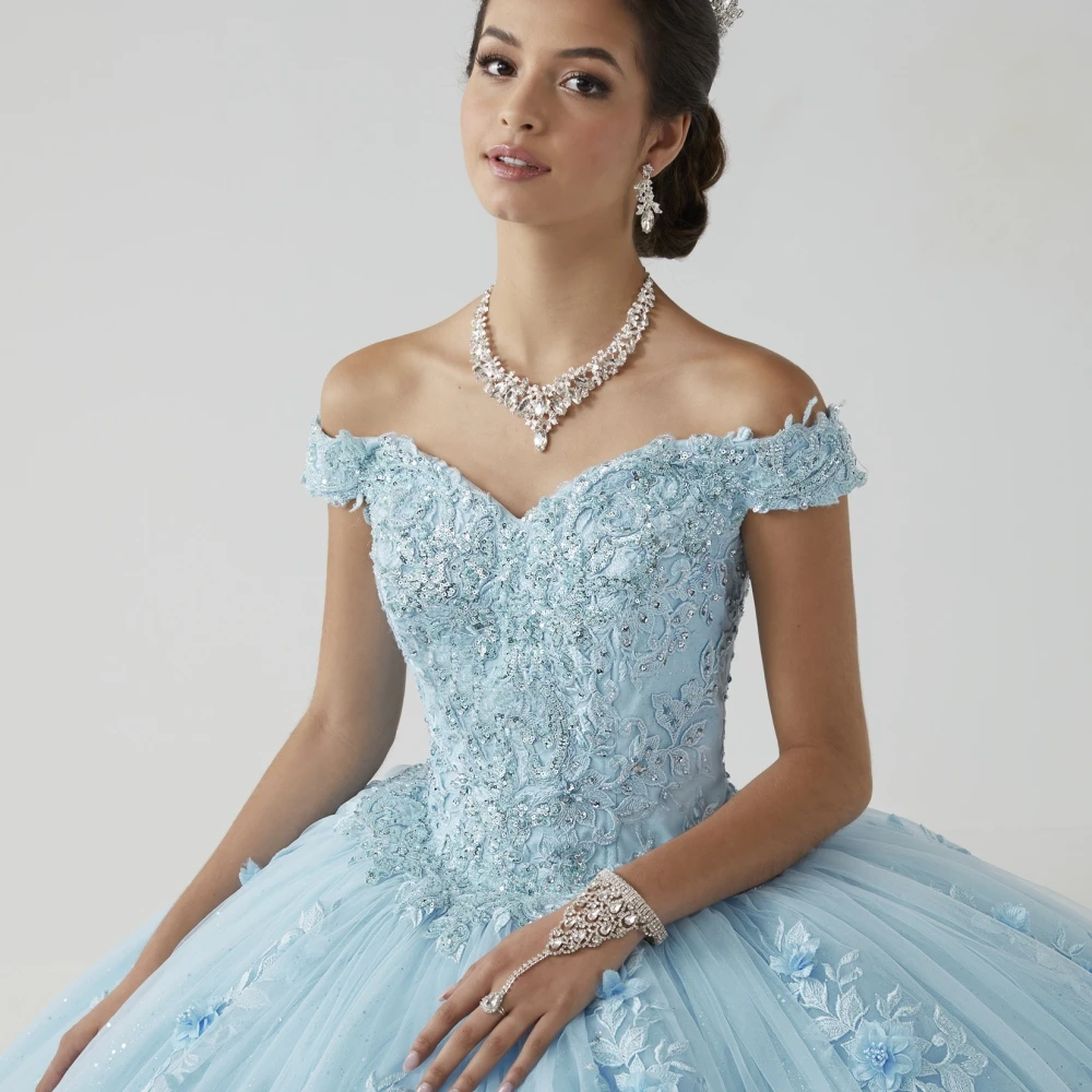 Lorencia Blue Quinceaneras Dresses Ball Gown Off The Shoulder Flowers Lace Appliques Mexican Sweet 16 Vestidos De 15 Años YQD201