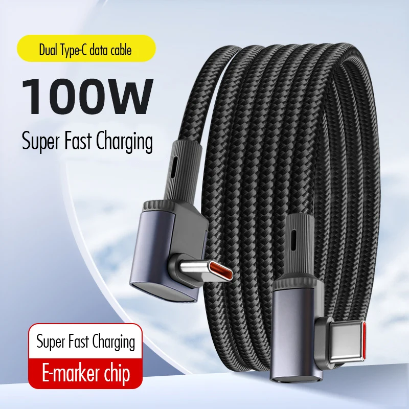 Extended 100W Type C To Type C Fast Charging Cable 90° Elbow Braided Nylon Charging Wire For iPhone 17 16 Huawei Samsung Xiaomi