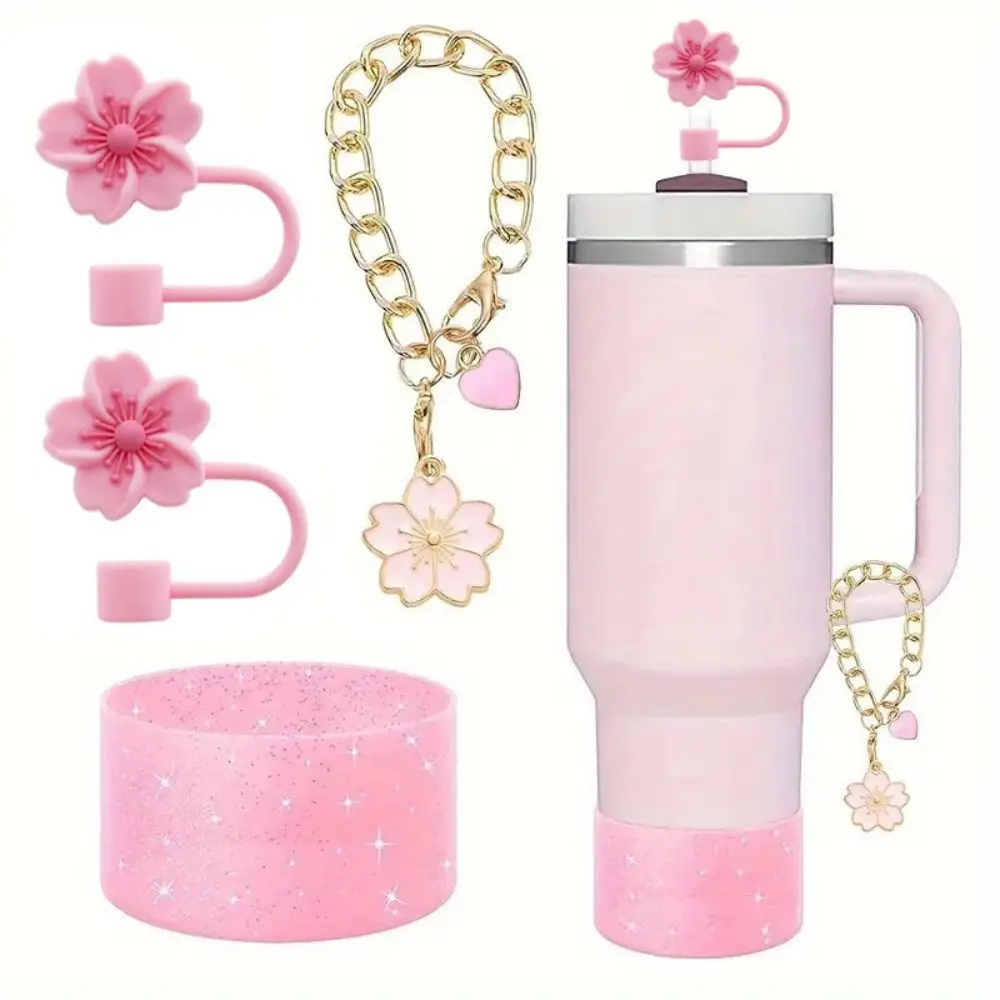 

4Pcs/Set Siliocne for Cup Boot Anti-Slip Wear-resistant Cup Charm Chain Dust-proof Cherry Blossoms Water Cup Bottom Cover